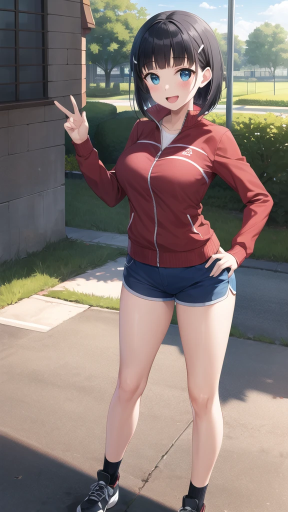 masterpiece, best quality, highres, aasugu, short hair, hairclip, large breasts, track jacket, red jacket, black shirt, blue shorts, hand on hip, smile, open mouth, outdoors