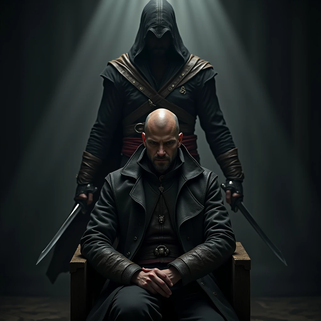 homme chauve asis avec un assassin's creed debout derriere lui avec sa lame secrete