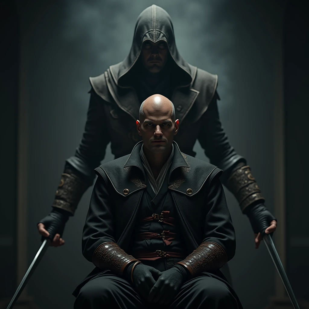 homme chauve asis avec un assassin's creed debout derriere lui avec sa lame secrete