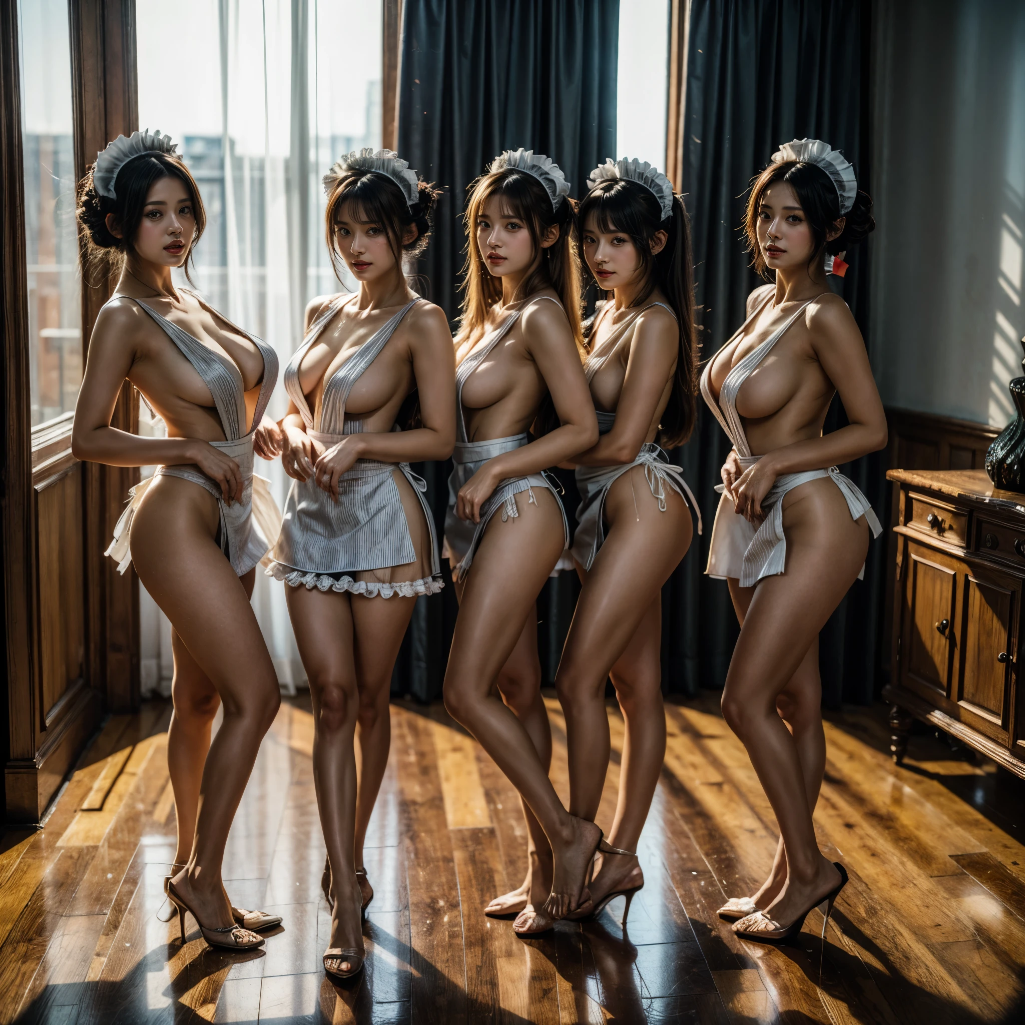 (Full Body of Extremely Detailed((y Maid Group in a row:1.37))), KAWAII perfect face, Reflective Eyes, Detailed(Delicate Clothing textures), Correct Leg Line, Dynamic Joyful Expressions LifeLike Rendering, Specular Reflection, TopQuality 8K Ultra-detailed masterpiece (ProfessionalPhoto:1.37), (Acutance:0.8), (Luminism:1.28), (Renaissance art style), Colorful Light particles, ((Full body from side)), {Kissing|Thigh Gap|AssFocus|(Nakon with Overflowing SideBoob)}, Radiant Fine Skin with Transparency, (Exposed:0.4), (Different types of Anime hair color), Perfect Lighting