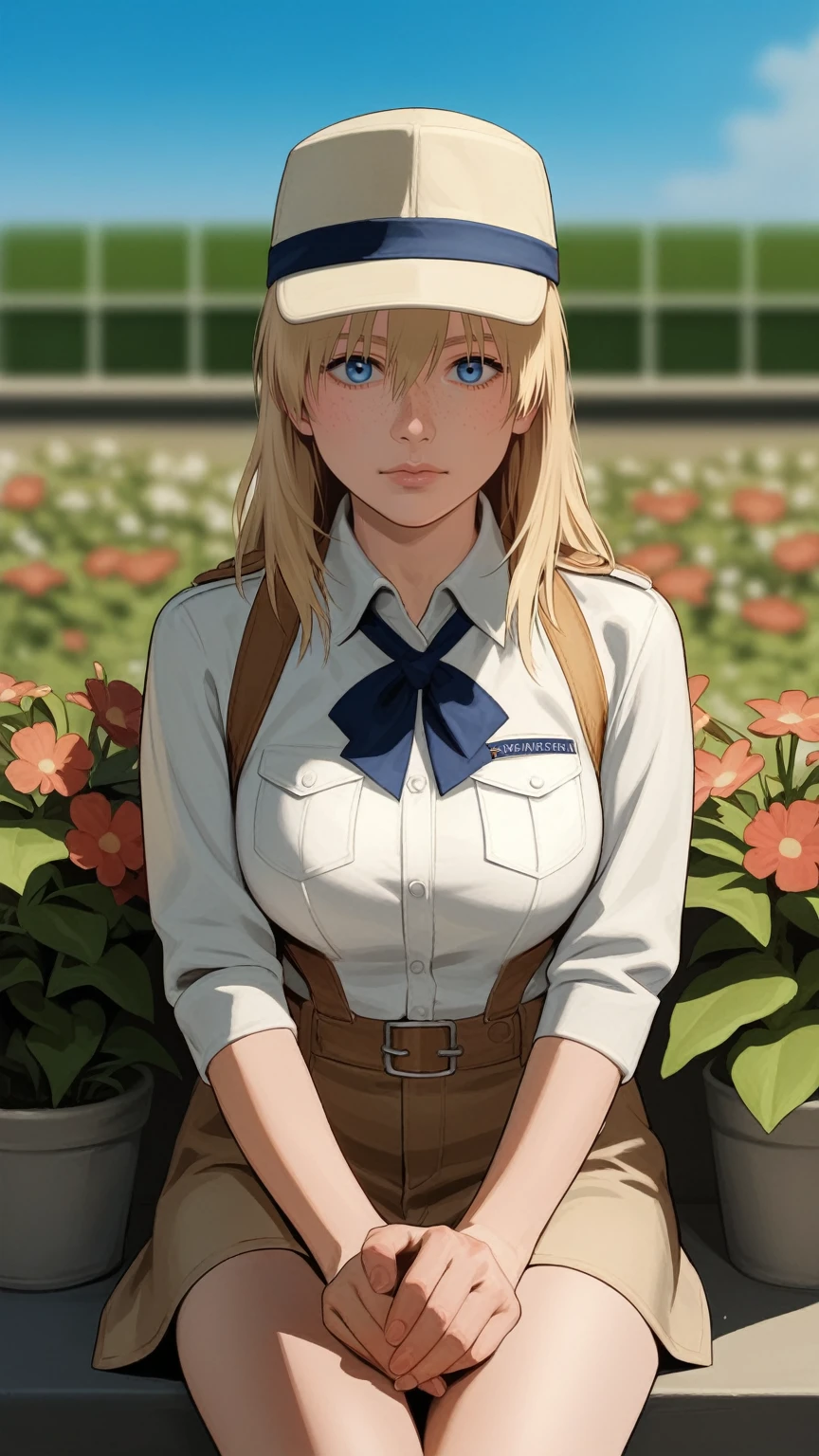 score_9, score_8_up, score_7_up, BREAK, rating_safe, zy_mirabel, 1girl, long hair, hat, flower, blonde hair, freckles, hat flower, large breasts, blue eyes, sit, garden, realistic, photo, real hair, detailed skin, highly detailed, detailed skin, depth of field, film grain,animation, ikuchan, hellsing