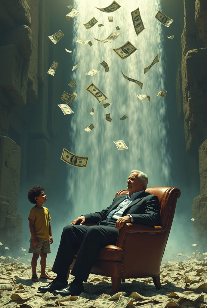 Create an image of a politician sitting in Brasilia under a waterfall of dollars while a poor-looking child watches him from afar and a chasm between the two