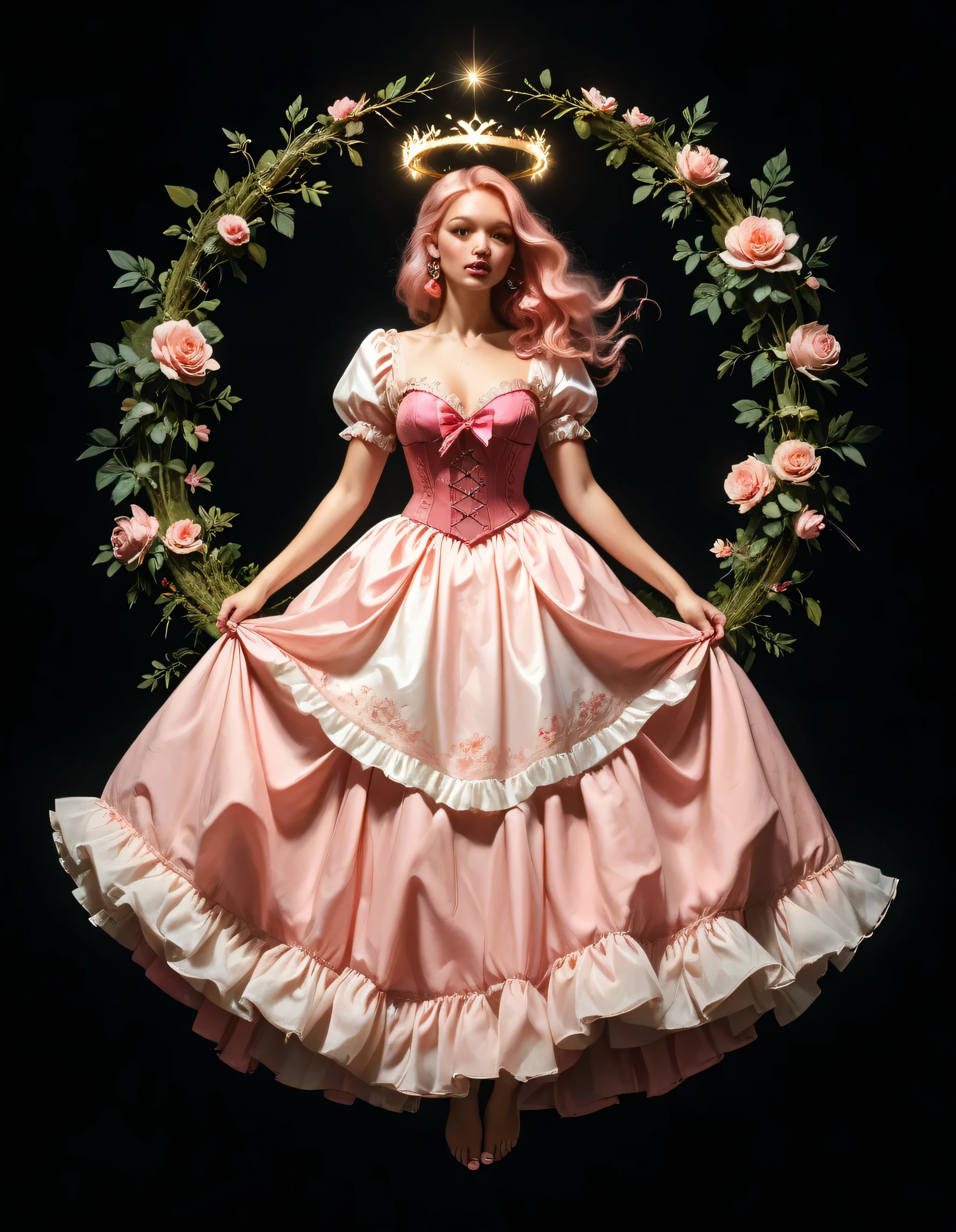 full body In a breathtakingly sharp 8K resolution, capture a stunning white woman suspended in mid-air against a stark, plain black background. Her long, wavy dark pink hair cascades down her back like a waterfall of nightfall hues. She wears a delicate light pink corset and a flowing ribbon dress that drapes elegantly around her form. A halo of light pink ribbons floats serenely around her, as if carried by an invisible breeze. Her hyper-detailed facial features shine with a gentle glow: rose-kissed cheeks, a  nose, and luscious pink pouty lips that seem to whisper secrets to the universe. bare feet, which appear to defy gravity as she floats effortlessly in mid-air. full body. eyes. open