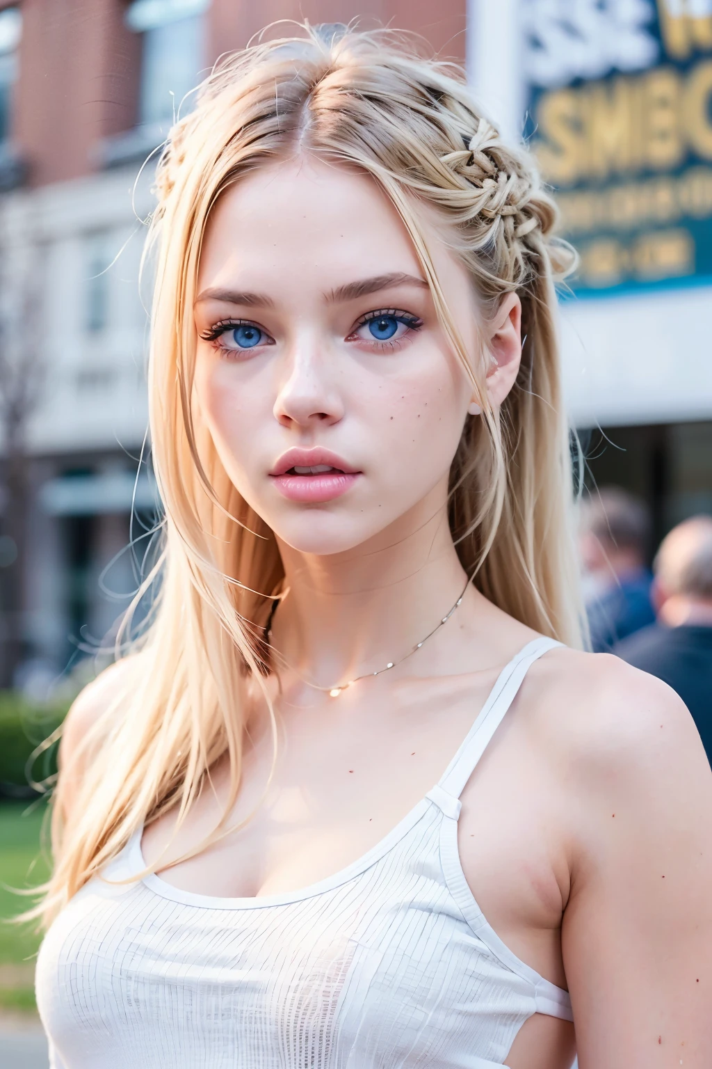 full body shot, girl standing ((AlexiaThompson01R's face)). beautiful perfect girl, blonde hair, straight hair, blue eyes. vibrant blue eye. loose hair, hair falling over one eye, emo bangs. beautiful perfect girl, smooth white skin. thin nose, thin chin. white top. white background.