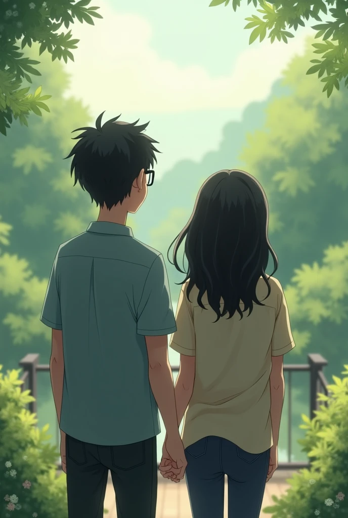 a couple, A boy with black hair, black eyes and glasses and the girl with shoulder-length black hair, with brown eyes , that they have their backs
