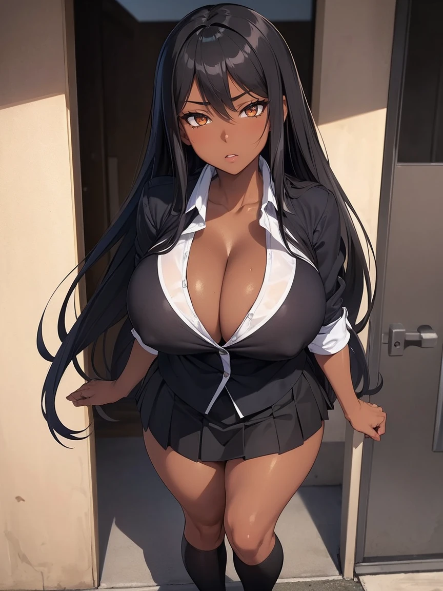 (masterpiece), best quality, highly detailed faces, (SHARP details), 4k, highly detailed, expressive eyes, SHARP detail expressive eyes, (SHARP detail perfect face), ((dark skin)), long hair, ((big breasts)), ( girl), black hair, (gyaru), full body shot, school shirt, school skirt, view from front, cleavage,