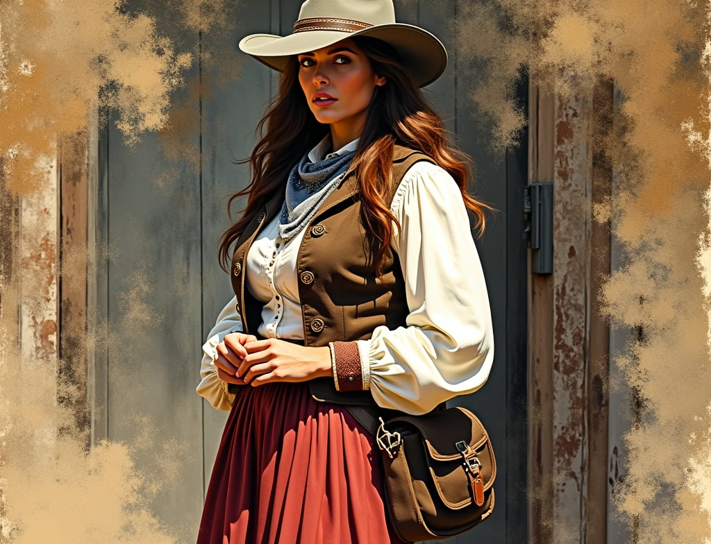 A western romantic couple dr Quinn style in 1870s, in long brown hair, (striking resemblance to Jane Seymour 3)(head down hide by her grey leathert hat), standing in the middle of street in the sober dirty countryside town in 1870s, realistic oil painting. she is a doctor. It's a sweet paintings , soft afternoon spring sunlight bathes the scene, creating a warm and inviting.) artstation, concept art, smooth, sharp focus, illustration,(inspired by Constance-Anne Parker, Carne Griffiths and Wadim Kashin) The scene is captured in a dramatic, almost cinematic style, with bold colors and strong contrasts. she wears long red skirt panties and white puffy shirt with a open leather vest, a gray bandana around the neck and wearing a doctor's bag. Full body