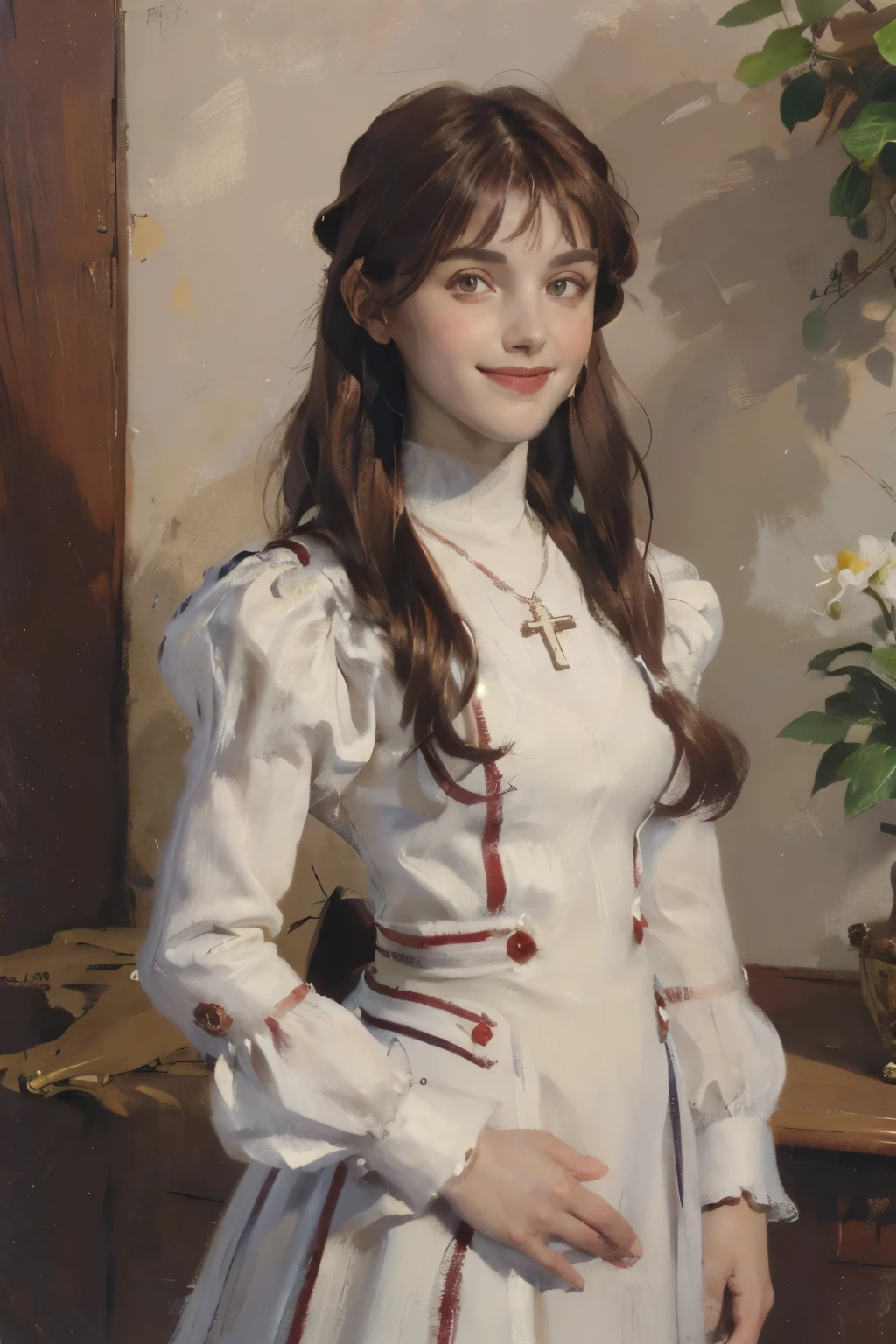 (artwork, best quality:1.2), ultra-detailed, beautiful face, Alone, 1 girl, Erica Fontaine, European, European girl, Dark red hair, Brown eyes, smile, Looking at the viewer, arms behind back, long hair tied up, red dress, cross, long sleeves, juliet sleeves, jewel, cross necklace