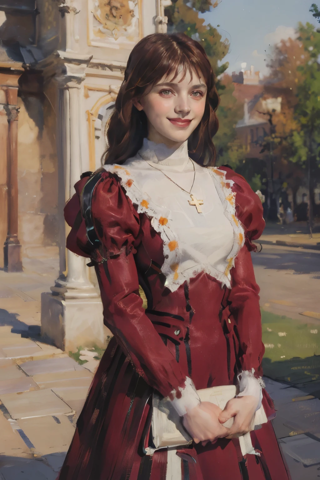 (artwork, best quality:1.2), ultra-detailed, beautiful face, Alone, 1 girl, Erica Fontaine, European, European girl, Dark red hair, Brown eyes, smile, Looking at the viewer, arms behind back, long hair tied up, red dress, cross, long sleeves, juliet sleeves, jewel, cross necklace