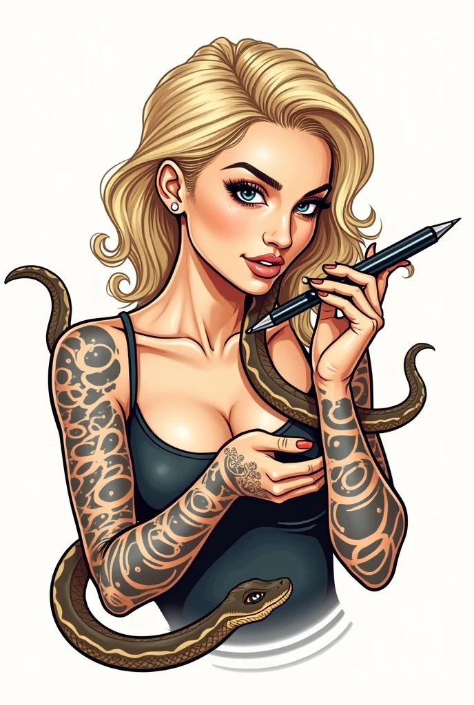 CREATE A TATTOO STYLE ILLUSTRATION OF A BLONDE WOMAN PLAYING WITH A SNAKE AND A PEN, THE DRAWING MUST BE IN PLAIN COLORS AND A WHITE BACKGROUND WITHOUT LIGHT AND SHADOW