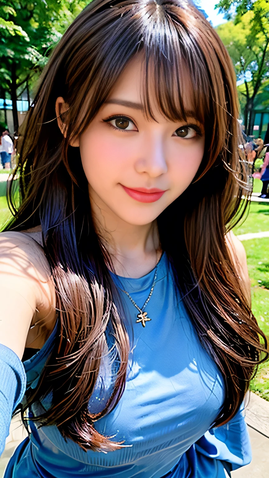seed;2372725988,((Full Body Angle))、((Front hair:1.3))、((Highest quality, 8k, masterpiece: 1.3)), concentrated: 1.2, Cute 1,Nipples erect、 Perfect beauty: 1.4,Summer off-the-shoulder cropped T-shirt、Letter Print、Shorts: 1.2,Long sleeve、Randall Color、comics&Text Graphics、Black ruffle-trimmed drawstring zip blouse,1.1, Highly detailed face and skin textures, Fine grain, double eyelid, whitening skin, ,Highest quality,Ultra-high resolution,you,1 person,alone,_Shiny_skin,Iris,necklace,((brown_length_Wavy_hair)),(lips)),eyelash,Front hair,deal with,compensate,Shiny,pore,skin,Large Breasts、((Smile))、Walking in the park、Selfie、((close-up))