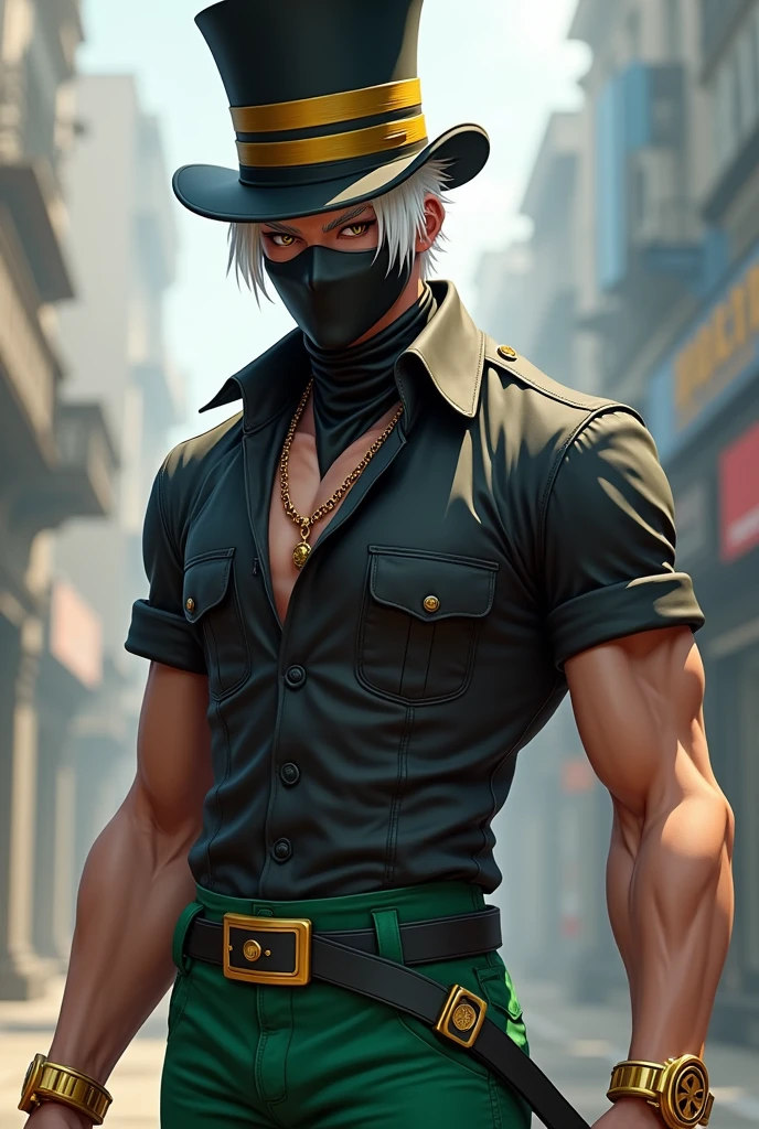 Free fire style male character, black top hat with gold stripes, white hair, black mask, short sleeve shirt, golden bracelets, green pants, black belt