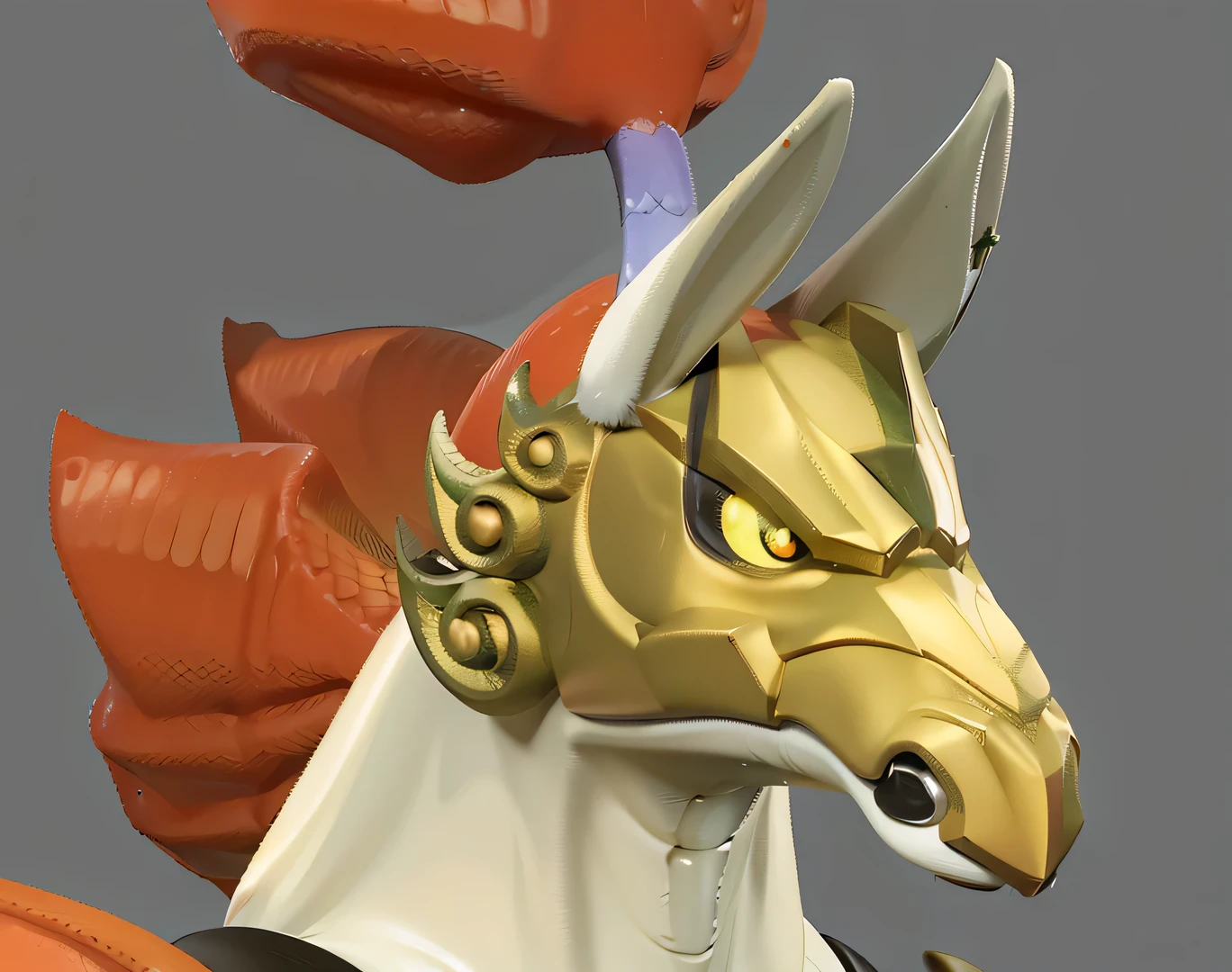 Here's a close-up，Showing the dragon&#39;s head，The dragon head is covered with a red cape。, Sleek mecha female dragon head, Delicate face and nose, stylized fox look, Smooth Shadows, Portrait of a Centaur, Head details, portrait of dragoon, Rich in details，very clearly, Carved dragon features, High resolution and detail, Mecha faucet，3D Character Art，Ashe，2。5 D CGI Anime Fantasy Artwork，CGScosiety，Close-up characters，As seen on the Art Station
