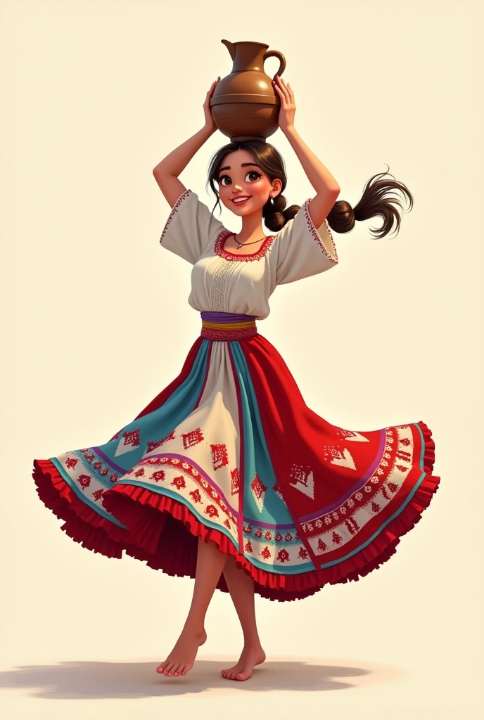 Poster of a Pixar character in a typical Paraguayan costume, wearing a white blouse, dancing with brown hair in a braided ponytail and holding a jug on her head, Brown eyes, barefoot and wearing a loose white blouse with a long red, white and blue skirt. Ñanduti-type embroidery print