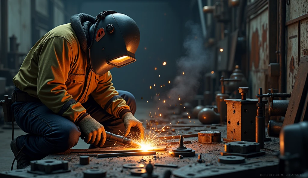 person working in an industrial workshop welding two pieces of metal on the left of the image with a workshop background