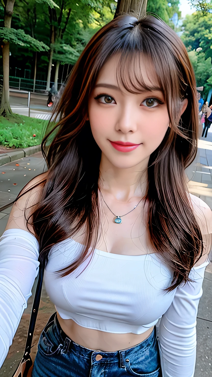 seed;2372725988,((Full Body Angle))、((Front hair:1.3))、((Highest quality, 8k, masterpiece: 1.3)), concentrated: 1.2, Cute 1,Nipples erect、 Perfect beauty: 1.4,Summer off-the-shoulder cropped T-shirt、Letter Print、Shorts: 1.2,Long sleeve、Randall Color、comics&Text Graphics、Black ruffle-trimmed drawstring zip blouse,1.1, Highly detailed face and skin textures, Fine grain, double eyelid, whitening skin, ,Highest quality,Ultra-high resolution,you,1 person,alone,_Shiny_skin,Iris,necklace,((brown_length_Wavy_hair)),(lips)),eyelash,Front hair,deal with,compensate,Shiny,pore,skin,Large Breasts、((Smile))、Walking in the park、Selfie、((close-up))