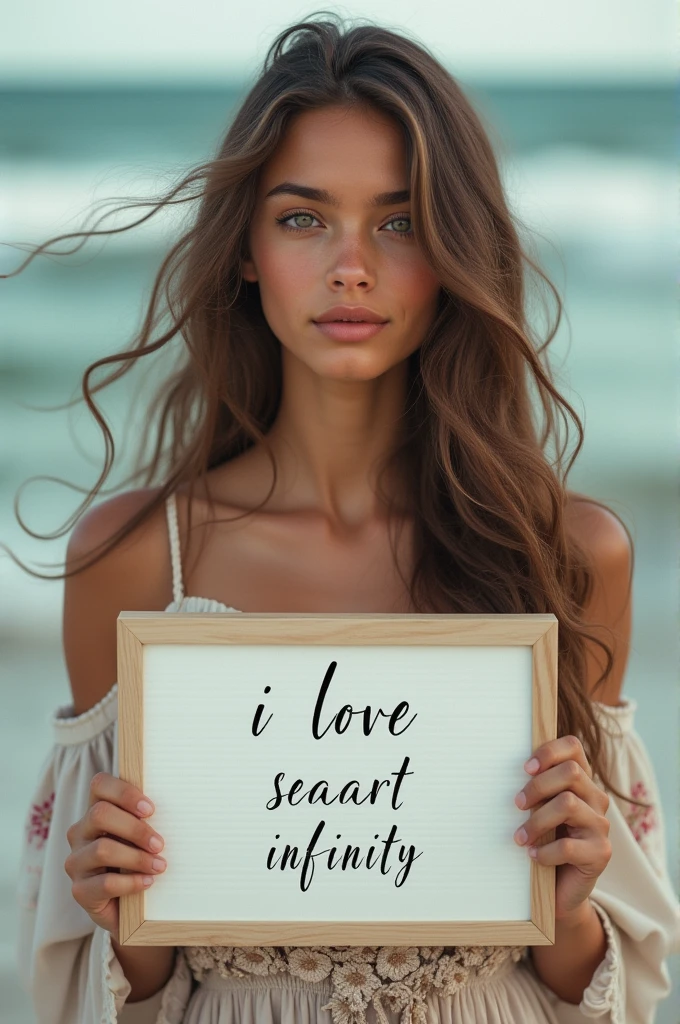 Beautiful girl with wavy long hair, bohemian dress, holding a white board with text "I Love Seaart Infinity" and showing it to the viewer