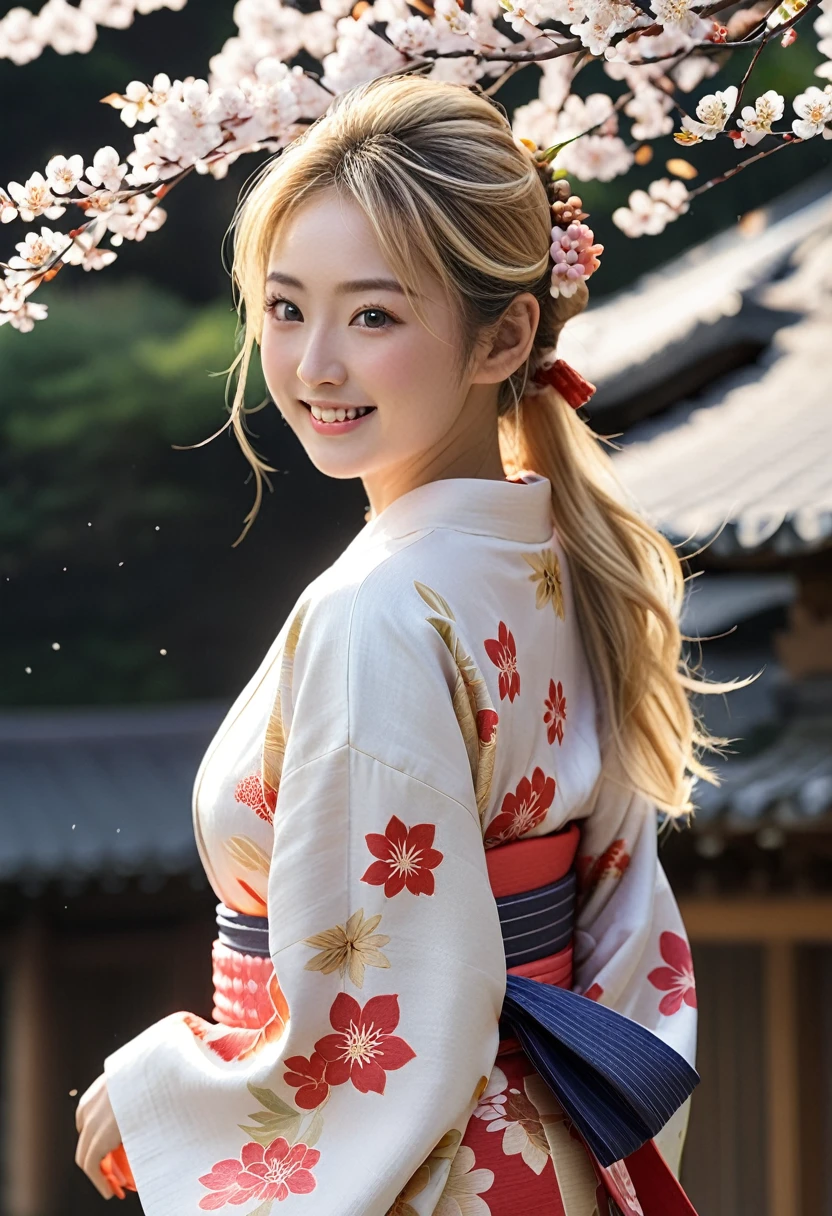 (8k、RAW Photos、Highest quality、masterpiece:1.2)、(Realistic、Photorealistic:1.37)、Very detailed、Ultra-high resolution、1 person、Seeing the viewer、Beautiful and elaborate face、Laughter、narrow、(Narrow waist) :1.3)、Beautiful, smooth skin、Skin Texture、Floating Hair、Professional Lighting、The whole human body、blonde、Japanese Yukata、Floral Yukata、autumn leaveS模様の浴衣、autumn'S、autumn leaveS、Red ribbon、Bob Hair、smile、No makeup、Bun hairstyle、Big Breasts、Big Tits
