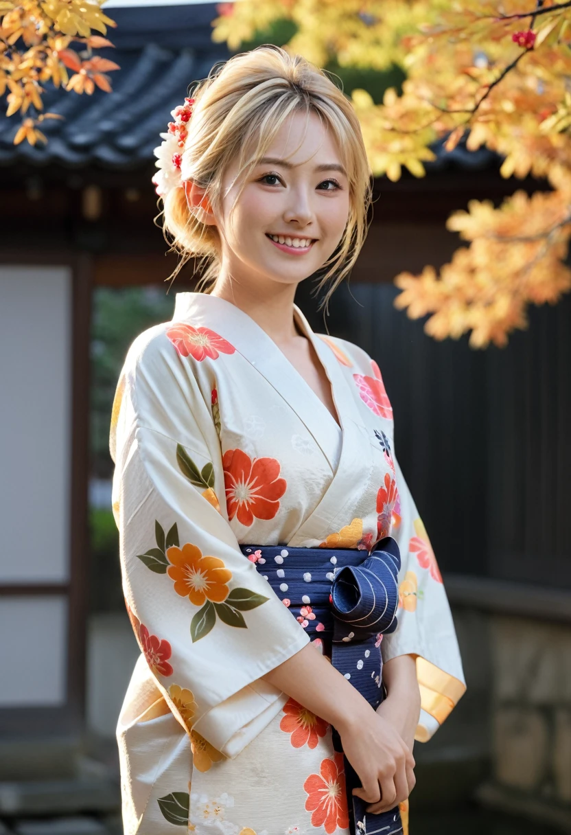 (8k、RAW Photos、Highest quality、masterpiece:1.2)、(Realistic、Photorealistic:1.37)、Very detailed、Ultra-high resolution、1 person、Seeing the viewer、Beautiful and elaborate face、Laughter、narrow、(Narrow waist) :1.3)、Beautiful, smooth skin、Skin Texture、Floating Hair、Professional Lighting、The whole human body、blonde、Japanese Yukata、Floral Yukata、autumn leaveS模様の浴衣、autumn&#39;S、autumn leaveS、Red ribbon、Bob Hair、smile、No makeup、Bun hairstyle、Big Breasts、Big Tits