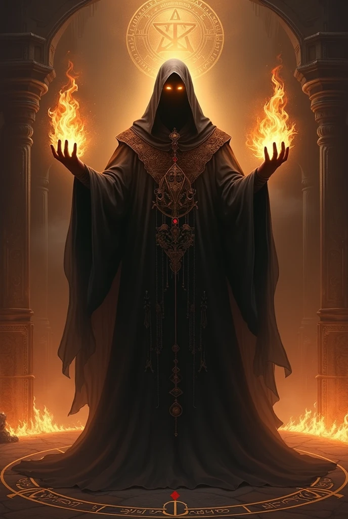 An illuminati raising his hands in flames