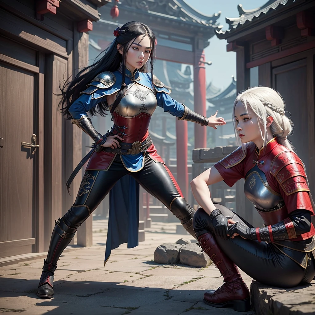 Mulher adult, Chinese warrior, Chinese culture, elfo, blue colored eyes, Training, style game of thrones, medieval chinese, long hair tied, feminist, black armor with red details, black leather pants and boots, Fullbody, female, (((adult))).