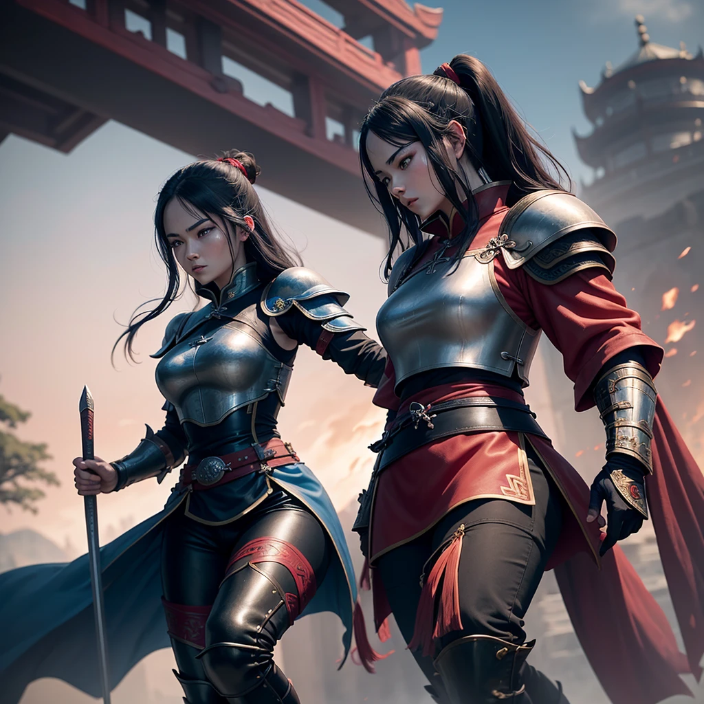 Mulher adult, Chinese warrior, Chinese culture, elfo, blue colored eyes, Training, style game of thrones, medieval chinese, long hair tied, feminist, black armor with red details, black leather pants and boots, Fullbody, female, (((adult))).