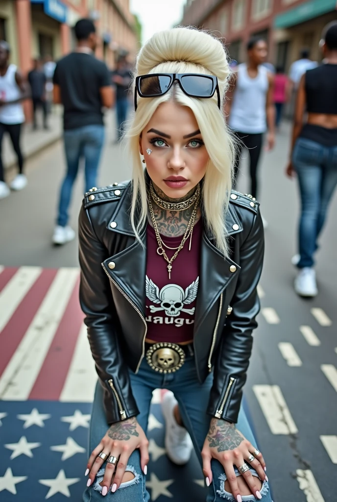 russian old milf woman, , blonde platinum hair (beehive bun) and oversized square sunglasses as headband), with very light green eyes, extremely pale. Wearing studded cropped black moto jacket (zippers on the side. Cropped dark burgundy push up t-shirt with skull and wings logo and gothic lettering,, dark grey skinny low rise jeans with holes on knees .White tennis sneakers. Lots of thick wide studded  bracelets, chain collars and big rings. Tacky wide studded leather belt, with big skull and bones round buckle. Long earrings with chains. Kneeling on a large ragged usa flag, looking at the photographer. Craving, sensual face. Hands on knees. Looking at the camera, Toned abdominals, thin neck, slim legs and thin arms. Neck, chest, belly, hands and arms completely tattoed. Street of Nairobi, crowded with standing people