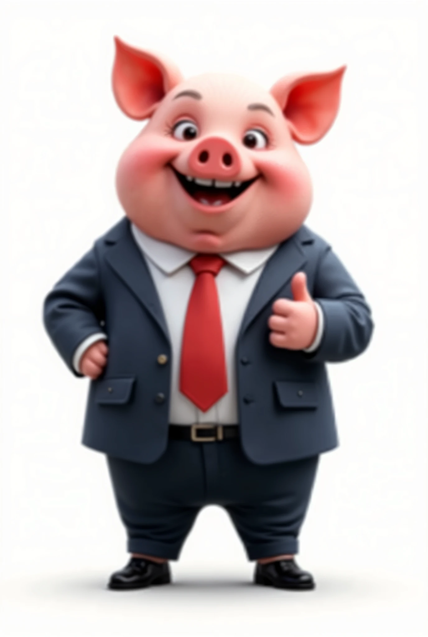 Friendly male pig in suit and tie giving thumbs up, with white background and no shadows