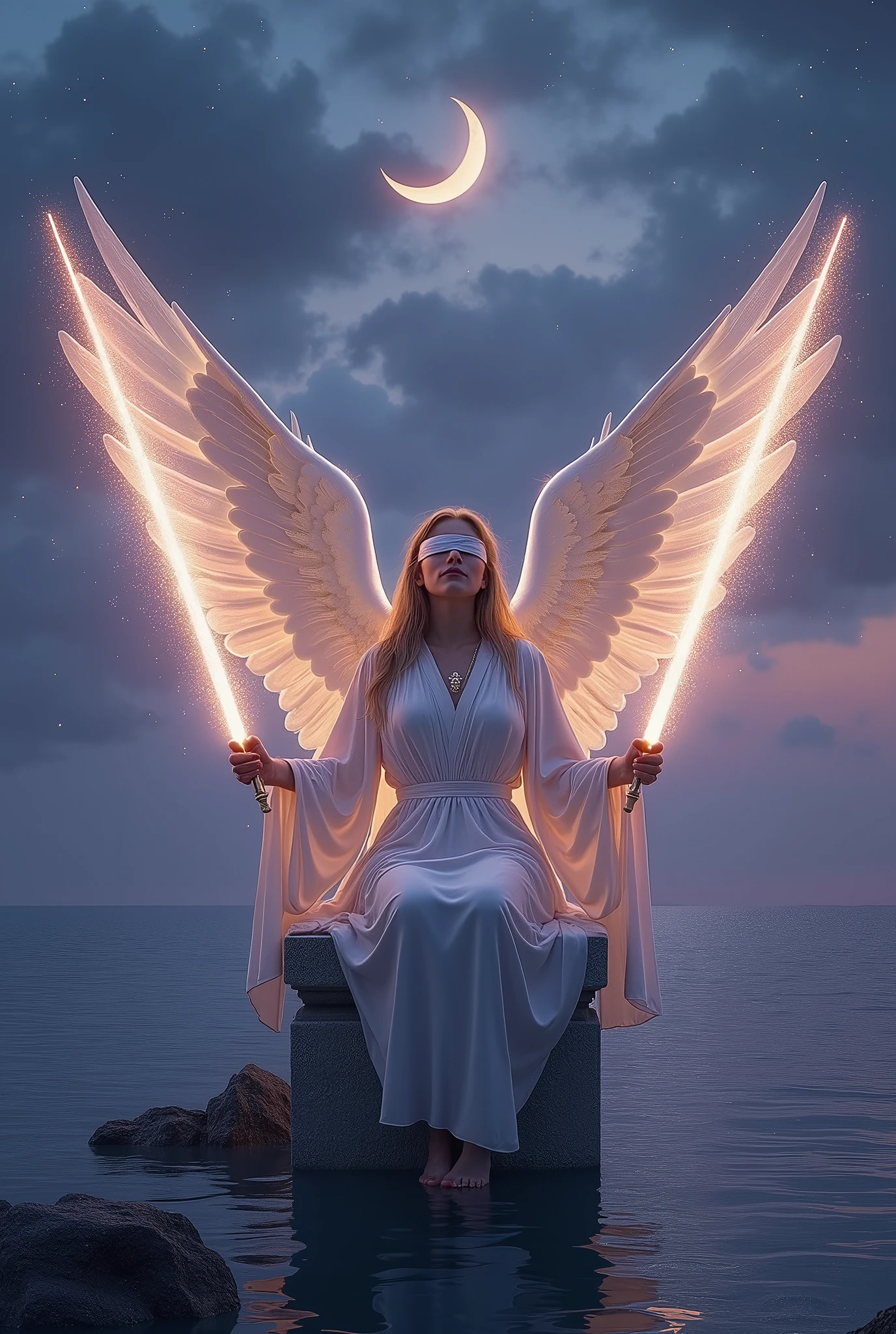 Create a breathtaking, hyperrealistic image for the 'Two of Lights' card in the Lumen Angelis Tarot deck, inspired by the Rider-Waite's Two of Swords. The central figure is a majestic angel, seated gracefully on a stone bench that appears to float above a serene, twilight ocean. This angel is blindfolded, symbolizing inner reflection and impartiality. Its wings are grand and spread wide, shimmering with iridescent light, reflecting the soft glow of the crescent moon hanging high in the sky.

In each of the angel’s hands, it holds a long, radiant beam of light, crossed at the center, symbolizing the duality and choices it faces. These beams of light resemble ethereal swords, glowing with a soft but intense luminescence. The angel’s robes are intricately detailed, flowing in the wind as if they are made of the very light it wields, with subtle patterns of stars and celestial symbols woven into the fabric.

The background is rich with detail: the calm sea reflects the angel’s light, and the sky is a gradient of deep purples and blues, punctuated by wisps of clouds. The moonlight casts a gentle glow on the scene, enhancing the divine atmosphere. The overall image should convey a sense of quiet strength, balance, and the serene yet charged moment of decision, embodying the timeless symbolism of the original Rider-Waite card but elevated with celestial, angelic imagery.