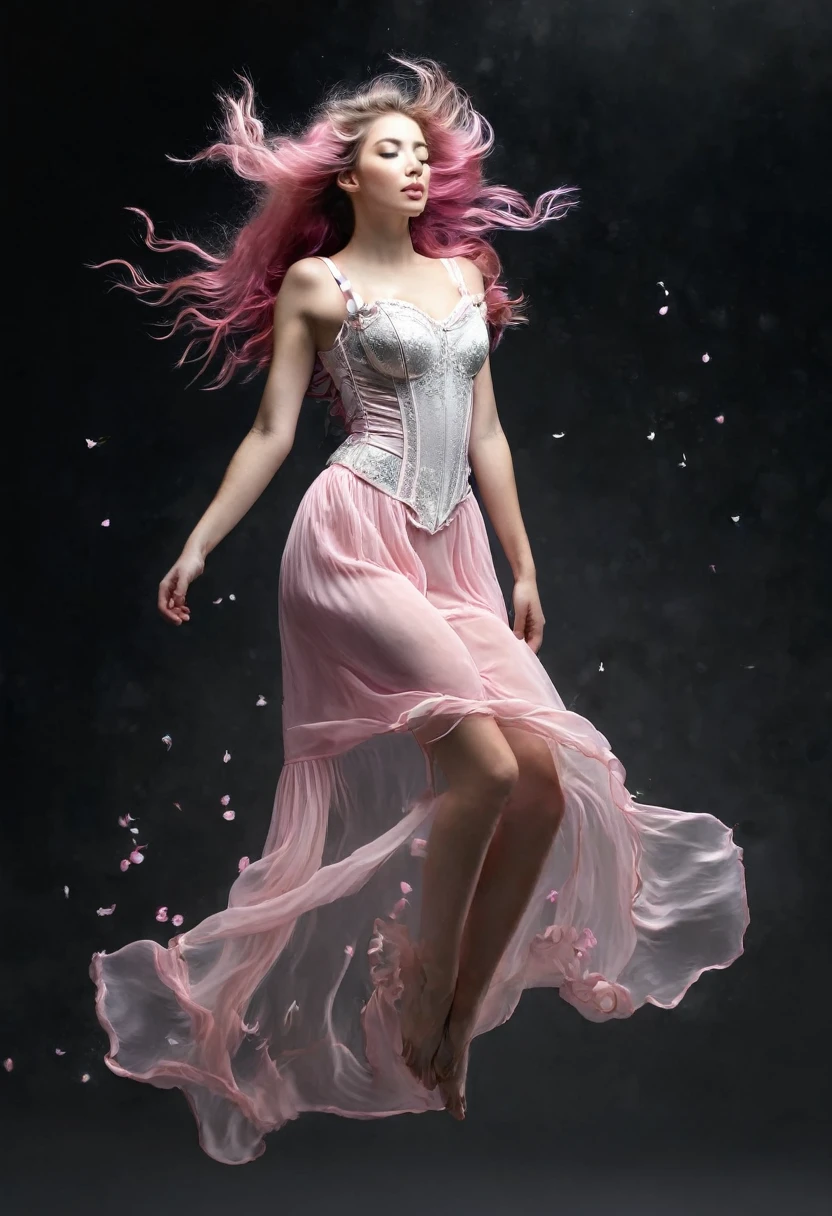 full body In a breathtakingly sharp 8K resolution, capture a stunning white woman suspended in mid-air against a stark, plain black background. Her long, wavy dark pink hair cascades down her back like a waterfall of nightfall hues. She wears a delicate light pink corset and a flowing ribbon dress that drapes elegantly around her form. A halo of light pink ribbons floats serenely around her, as if carried by an invisible breeze. Her hyper-detailed facial features shine with a gentle glow: rose-kissed cheeks, a  nose, and luscious pink pouty lips that seem to whisper secrets to the universe. bare feet, which appear to defy gravity as she floats effortlessly in mid-air. full body. eyes. open