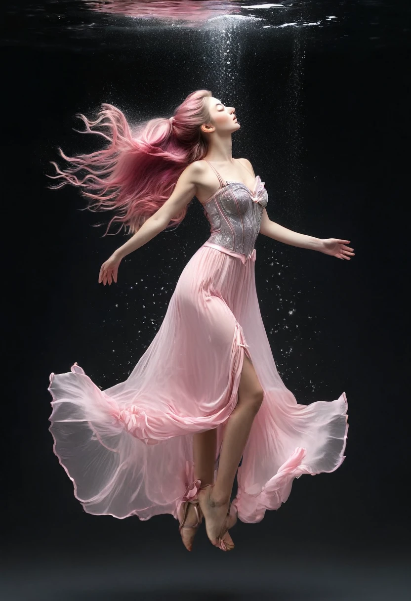 full body In a breathtakingly sharp 8K resolution, capture a stunning white woman suspended in mid-air against a stark, plain black background. Her long, wavy dark pink hair cascades down her back like a waterfall of nightfall hues. She wears a delicate light pink corset and a flowing ribbon dress that drapes elegantly around her form. A halo of light pink ribbons floats serenely around her, as if carried by an invisible breeze. Her hyper-detailed facial features shine with a gentle glow: rose-kissed cheeks, a  nose, and luscious pink pouty lips that seem to whisper secrets to the universe. bare feet, which appear to defy gravity as she floats effortlessly in mid-air. full body. eyes. open