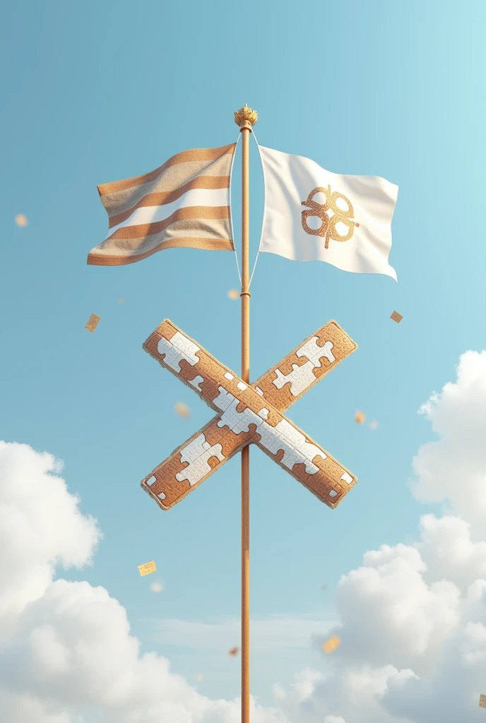 swastika with autism puzzle designs, white flag, brown flag pal, light blue sky with clouds.