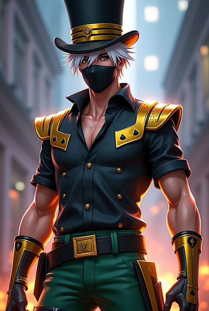 Free fire style male character, black top hat with gold stripes, white hair, black mask, short sleeve shirt, gold shoulder bracelets, green pants, black belt