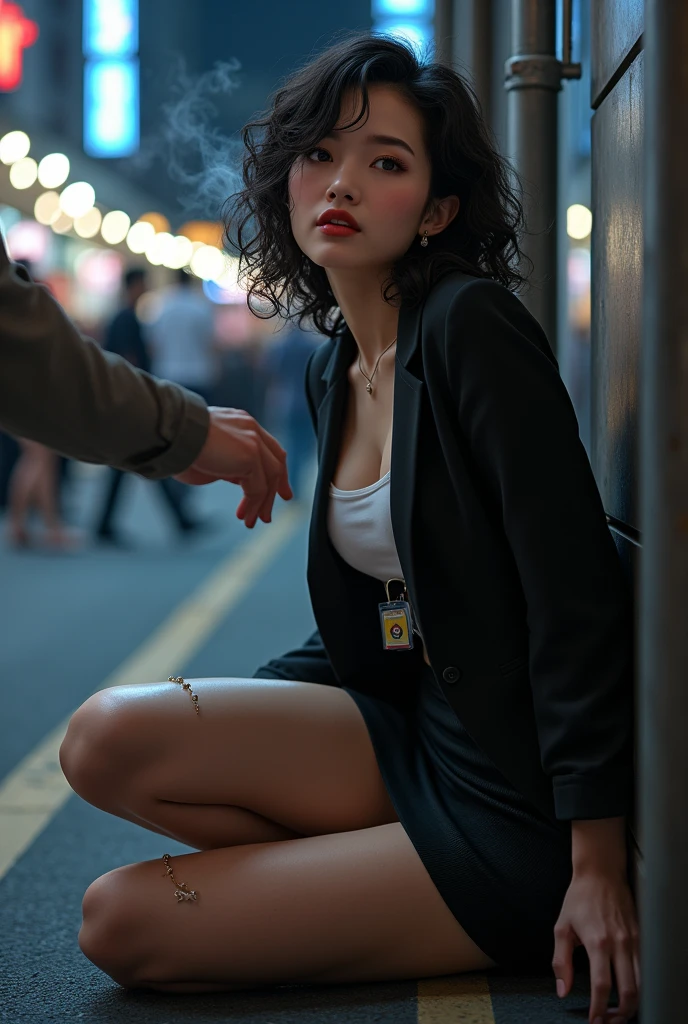 /quality
(masterpiece,best quality,high resolution,High Quality,Realistic)

/hair style
(Curly Hair)

/Clothes
(pencil skirt,job interview suit,Black jacket,torn pantyhose:1.5,earring)

/Pose
Bend over,sit
lean against a wall,
legs spread:1.5

(Ahegao,orgasm,steam:1.5,swet:1.5),

/Other
asian,crowd:1.5,fair skin,foot focus,lean against a wall,men,s hand:1.5,night, Roadside,ID card,