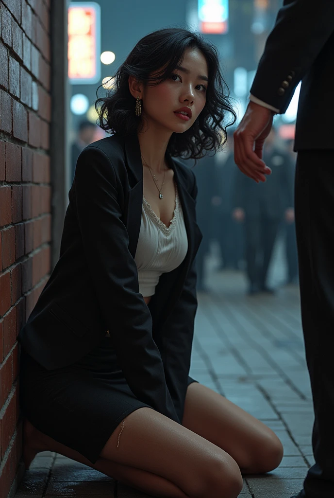 /quality
(masterpiece,best quality,high resolution,High Quality,Realistic)
/hair style
(Curly Hair)
/Clothes
(pencil skirt,job interview suit,Black jacket,torn pantyhose:1.5,earring)
/Pose
Bend over,sit
lean against a wall,
legs spread:1.5
(Ahegao,orgasm,steam:1.5,swet:1.5),
/Other
asian,crowd:1.5,fair skin,foot focus,lean against a wall,men,s hand:1.5,night, Roadside,ID card,