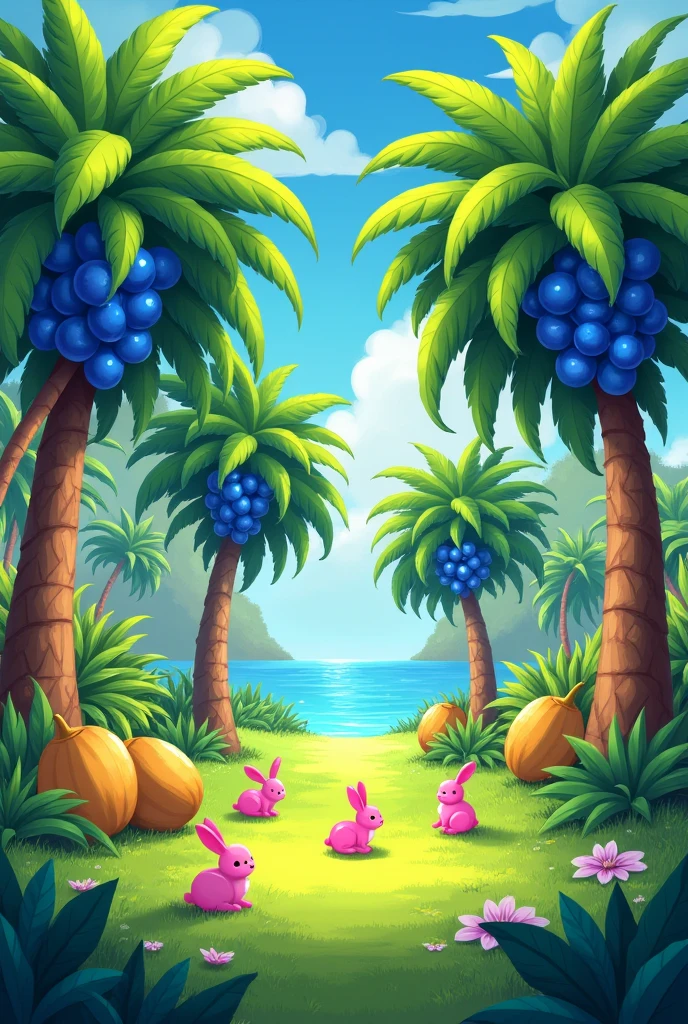 Four trees with blue fruits, some coconut trees full of coconuts and a green grass with pink rabbits.