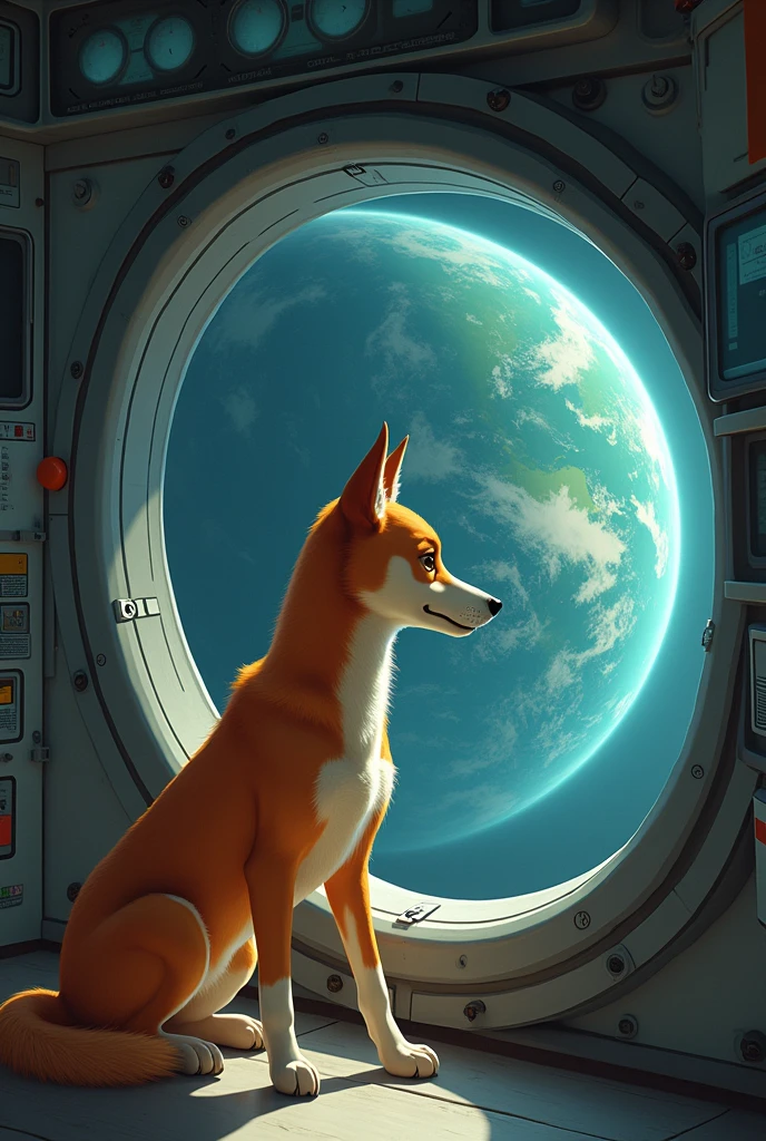 I want an animated image where the dog Laika is looking at the earth from her spaceship