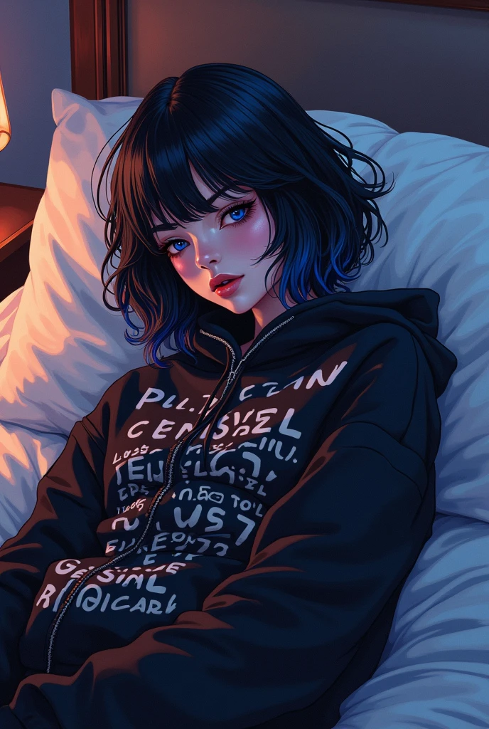 (pixelart: 1.2), beautiful gothic women, sexy goth girl, designer sweatshirt coat with logos, pants, short black hair with blue tips, bedroom, lying in bed, (by Isaac quek: 0.8) [by Ilya Kuvshinov: 0.65]