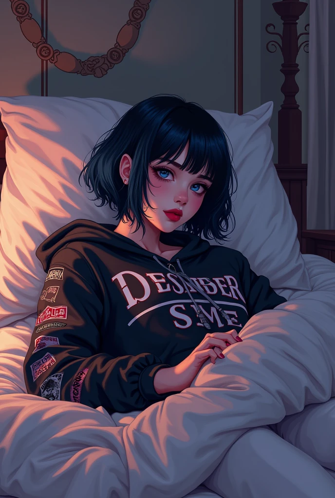 (pixelart: 1.2), beautiful gothic women,  goth girl, designer sweatshirt coat with logos, pants, short black hair with blue tips, bedroom, lying in bed, (by Isaac quek: 0.8) [by Ilya Kuvshinov: 0.65]