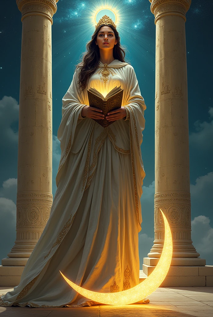 Rider Waite The High Priestess tarot card in real life
With The moon at her feet
With The TORA in her hands
With The pilars of king solomons temple by her side written Boaz and jachin