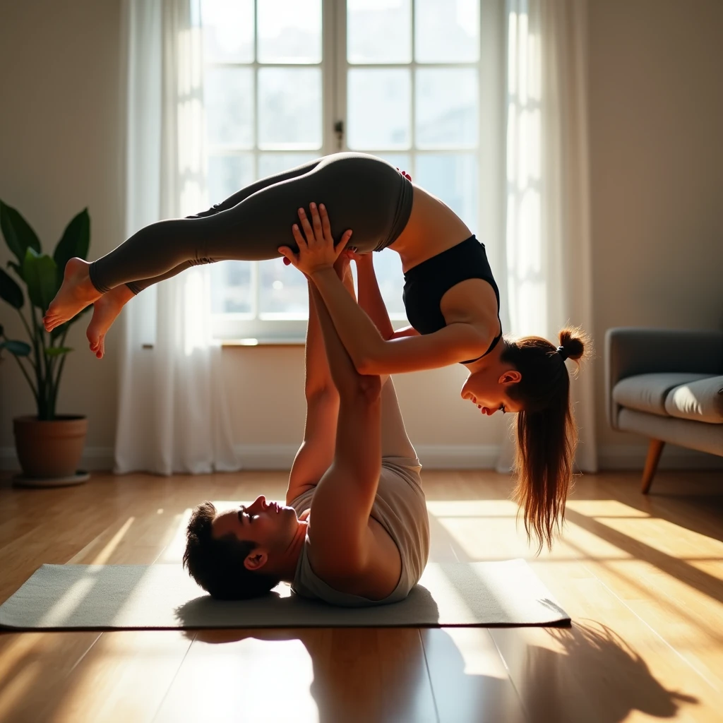 A high-definition photograph of a strong woman in a dynamic backbend pose, supporting a man who is sitting on her stomach. The woman’s strength and flexibility are highlighted as she holds herself up while balancing the man’s weight. The scene is set in a well-lit, modern apartment with sunlight streaming in through a large window, casting soft shadows on the hardwood floor. The background includes minimal furniture, keeping the focus on the human subjects. Shot with a wide-angle lens, straight-on, capturing the full figures and their intense connection. Drawn with vivid detail to emphasize the tension and power in their bodies.
