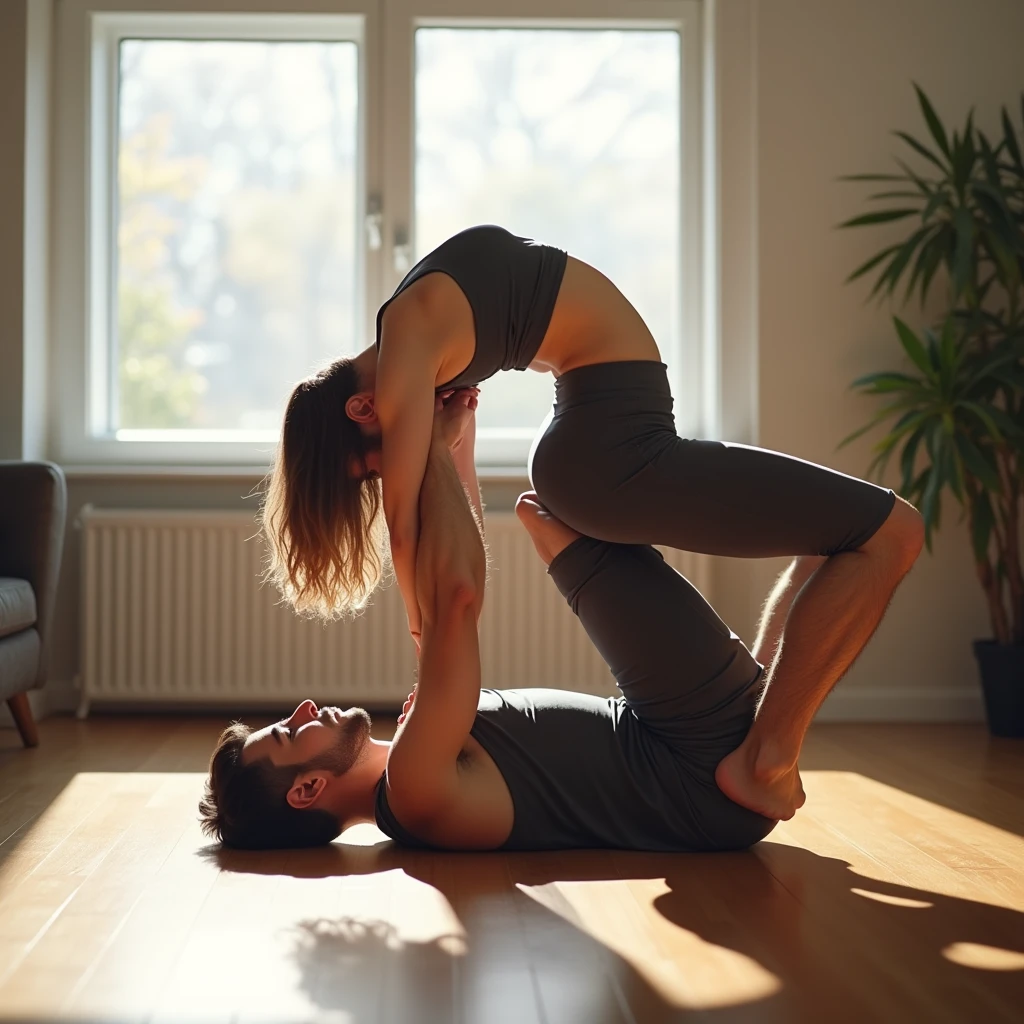 A high-definition photograph of a strong woman in a dynamic backbend pose, supporting a man who is sitting on her stomach. The woman’s strength and flexibility are highlighted as she holds herself up while balancing the man’s weight. The scene is set in a well-lit, modern apartment with sunlight streaming in through a large window, casting soft shadows on the hardwood floor. The background includes minimal furniture, keeping the focus on the human subjects. Shot with a wide-angle lens, straight-on, capturing the full figures and their intense connection. Drawn with vivid detail to emphasize the tension and power in their bodies.