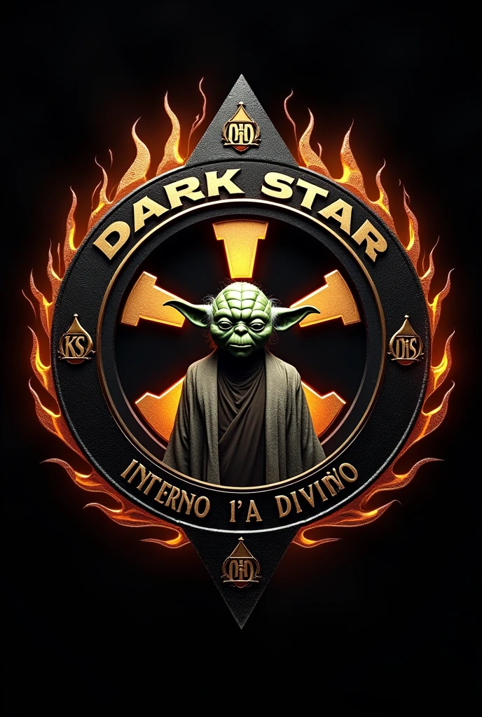 "Create a round emblem with 'Dark Star' above, 'DKS' below, and 'Interno 1ª Divisão DKS' in the center. Include Yoda within the shield. Use black and gold colors with fiery details along the edges."
