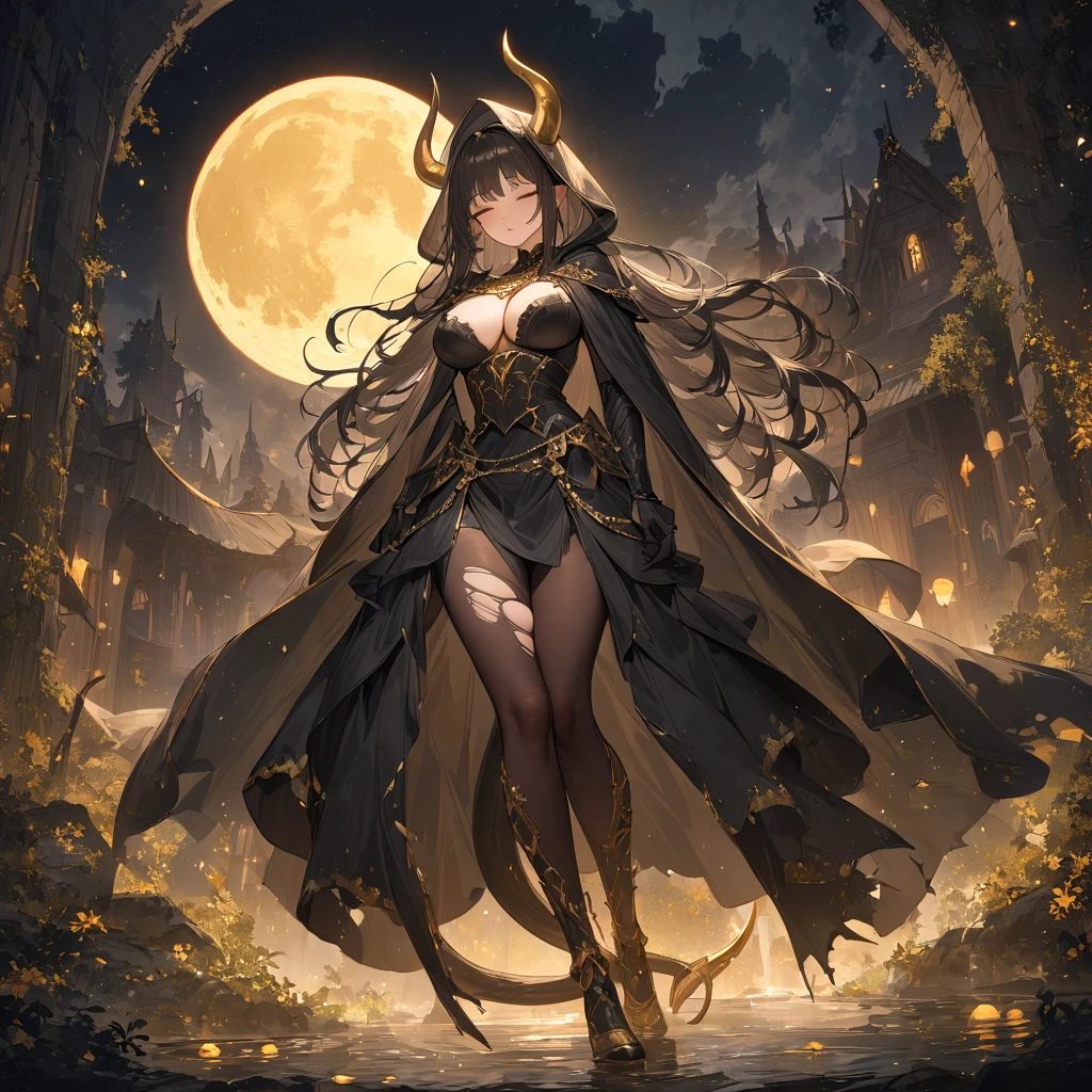 black-haired princess, (wears black princess clothes, and a black cape with gold details: 1.5) (white and slightly torn tights, and black boots on her feet), (has golden horns on her hood), ( a gold chain around it: 1.5), (has a long black tail with subtle gold details) (her eyes are closed and has a red outline) She is located in an open temple and in the sky there is a golden moon . Best quality, 4K, 8K, High resolution, Masterpiece: 1.2), Ultra-detailed, Exquisite facial features, expressed details, Graceful, expressive brushstrokes, mystical environment, Artistic interpretation, tangled straight hair, exquisite details, Stunning intricate costumes, illustration fantasy, subtle colors and tones, details have been updated, medieval princess, heaving breasts