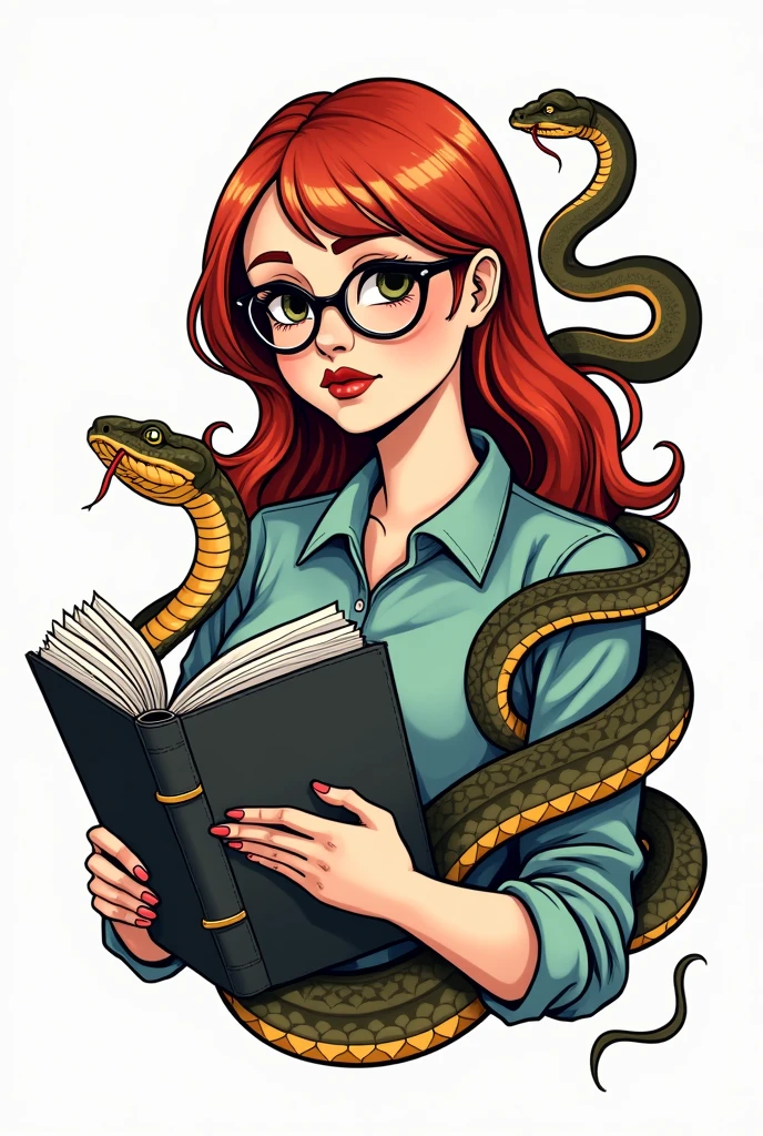 CREATE A TATTOO STYLE ILLUSTRATION OF A REDHEADED WOMAN WITH GLASSES PLAYING WITH A SNAKE AND A BINDER, THE DRAWING MUST BE IN PLAIN COLORS AND A WHITE BACKGROUND WITHOUT LIGHT AND SHADOW
