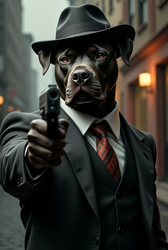 
pitbull wearing gangster outfit with gangster hat holding a gun