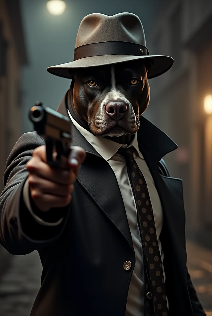pitbull wearing gangster outfit with gangster hat holding a gun