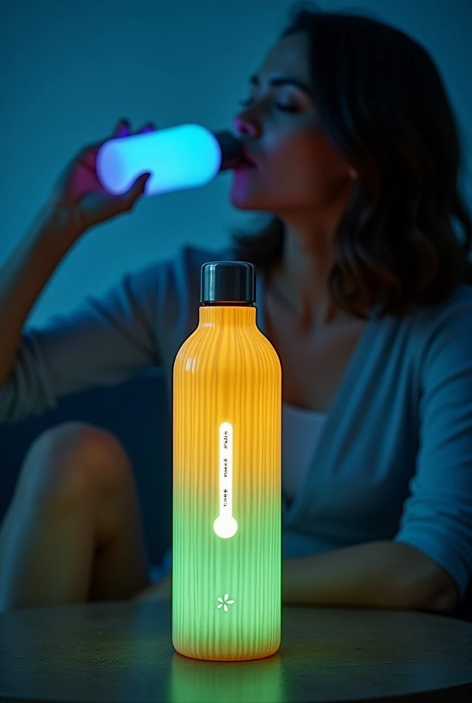 Create a banner with a bottle with LED on its bottle cap with simple lighting, yellow for when the water is hot and blue for when it is cold, the bottle needs to be coated with the coloring of a bamboo, with two people drinking it while it is glowing the respective colors of the water, Blue and Yellow. The color of the bottle should be the cream color of a bamboo bottle cap