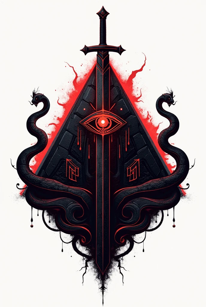Logo, a pyramid with an eye in the center and a snake coiled around it, sword piercing the pyramid, use black and red colors