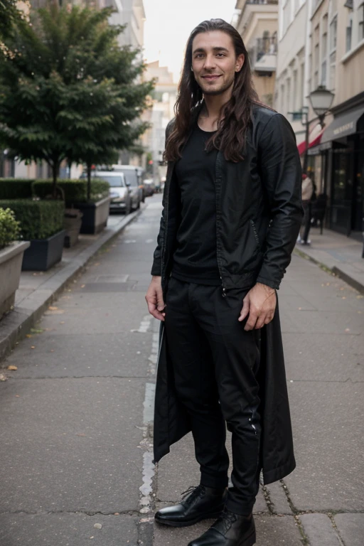 Tall 1.85 metres, English Male, 3, muscular, thin, unshaved stubble beard, olive skin, tanned, handsome green eyes, deep sight, wavy long hair,  classy dressed casual badass, in black clothes smiling,  he is dressed as Loki